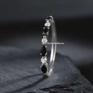 Marquise cut Moissanite wedding band Unique Black Onyx Half eternity <b>ring</b> Yellow Sterling <b>Silver</b> wedding band <b>stacking</b> matching - Product Image 3