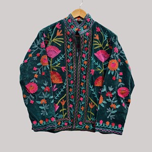Hand Embroidered <b>Velvet</b> Mandarin Collar <b>Jacket</b> <b>Women</b> Autumn Full Sleeve Floral Pattern Pullover Style Prairie Chic - Product Image 5