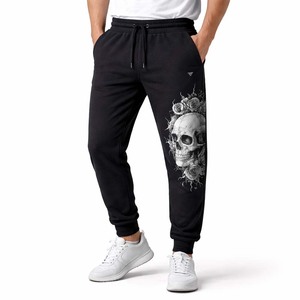 Pantalones Deportivos Negros Personalizados para Hombre, con Estampado Gráfico de Calavera, Mezcla de Algodón, Corte Ajustado, Estilo Urbano, Casuales, con Bolsillos - Product Image 1