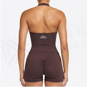 North Approach Red 2 Piece Yoga <b>Set</b> <b>Square</b> Neck Halter Crop Top High Waist Shorts Active Stretch Solid Color Women's Sportswear - Product Image 2