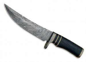 Herramienta fija de acero damasco con patrón de plumas hecha a mano, con mango de madera de ébano y guardacuchillo de damasco. - Product Image 6