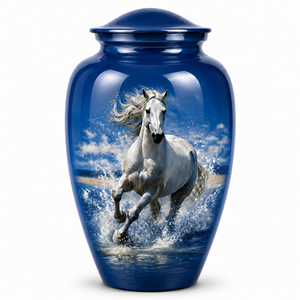 Hermosa urna de cremación esmaltada con diseño de árbol lunar amarillo y caballo, con pegatina con imagen conmemorativa, para cenizas funerarias humanas. - Product Image 2