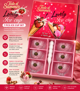 Luxury Summer Ice Cream <b>Gift</b> Set 7-Piece Glass Dessert Cup and Spoon with Printing <b>Pink</b> Textured Bowls for Festive Gifting - Product Image 1