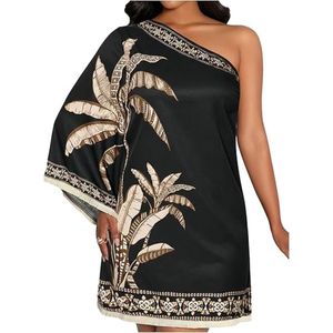 Vestido de Verano Formal para Invitadas a Bodas, Estilo Vintage Tropical, Mini, de Satén, con un Hombro Descubierto, Borlas y Dobladillo Evase - Product Image 1