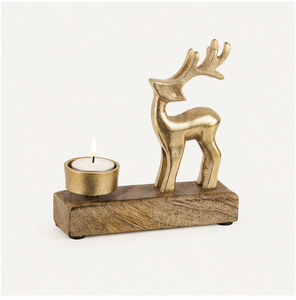 Handmade Gold Aluminum Reindeer <b>Tealight</b> Candle <b>Holder</b> With Natural Mango Wood Base For Christmas Home Decoration Candle <b>Holder</b> - Product Image 2