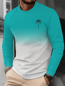 เสื้อยืดแขนยาวไล่เฉดสีสำหรับผู้ชาย แห้งเร็ว ลำลอง คอกลม โพลีเอสเตอร์ ลายต้นปาล์มด้านหน้า สำหรับฤดูร้อน - Product Image 4