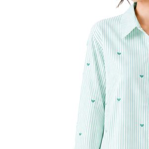 Chemisier en coton vert menthe et blanc rayé pour femme, à manches longues, boutonné, avec broderie cœur, coupe ample, style décontracté et oversize - Product Image 3
