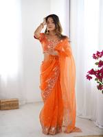 Sari en soie organza lourde avec broderie élégante en fils et sequins – Tenue de fête et de cérémonie