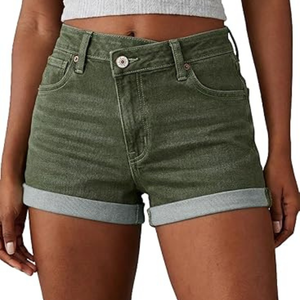 Shorts de mezclilla asimétricos personalizados para mujer con cintura cruzada, dobladillo con vuelta, color verde oliva, de cintura alta, de algodón, para verano, ¡Oferta caliente! - Product Image 6
