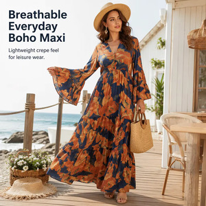 Women Boho Floral Print <b>Maxi</b> <b>Dress</b> V Neck Bell <b>Sleeve</b> Empire Waist Tiered Long Casual <b>Summer</b> <b>Dress</b> - Product Image 1