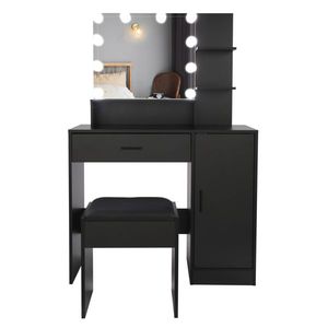 FCH Grand ensemble coiffeuse avec 10 ampoules LED, tabouret rembourré, 3 étagères de rangement, 1 tiroir, 1 armoire - Product Image 4