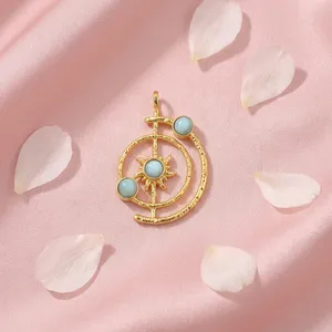 Collar de Cadena Elegante para Mujer al por Mayor, Chapado en Oro de 18k, con Gema de Larimar en Forma de Cabujón Redondo, Colgante de Moda - Product Image 4