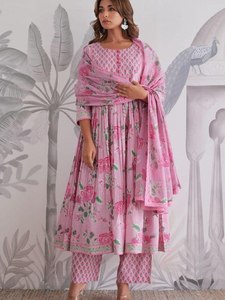 Kurta Anarkali de algodón puro para fiesta, con hermoso estampado floral y trabajo artesanal, manga larga, combinada con pantalón y dupatta. - Product Image 1