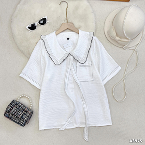 Women Formal Work Blouse with Short Sleeve Layered Sailor Collar and Bow Tie Solid Woven Simple <b>Top</b> ODM - Product Image 1