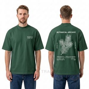 เสื้อยืดสีเขียวเข้มทรงหลวมพิมพ์ลายกราฟิกพฤกษศาสตร์ด้านหลัง แรงบันดาลใจจากธรรมชาติ สไตล์ลำลองสบายๆ แนวสตรีทแวร์ - Product Image 3