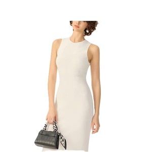 Vestido de Punto Ajustado sin Mangas con Cuello Redondo para Mujer, Color Sólido, Midi, Elegante, Transpirable, Informal - Product Image 1