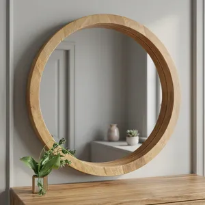 Espejo de Pared Redondo Moderno con Marco de Madera Natural Marrón de 3.00mm de Grosor, Diseño Artesanal, M1136, Decoración para el Hogar - Product Image 2