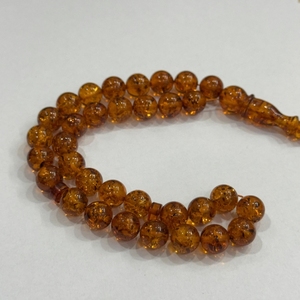 Perles de prière Tasbeeh en ambre naturel de la Baltique, rondes de 8 mm, 33 pièces, avec inclusion de feuille jaune, perles de pierres précieuses authentiques, vente en gros, fournisseur de Pologne - Product Image 6