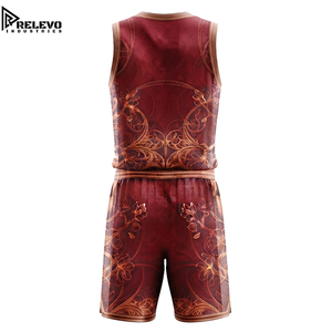 OEM Custom Sublimated Burgundy and <b>Gold</b> Floral Basketball Jersey and Shorts Set, Pro Performance Breathable Mesh <b>Fabric</b> - Product Image 2