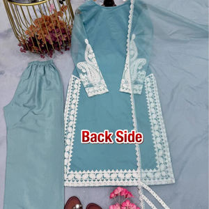 Ensemble haut brodé en organza de nylon doux et soie, avec pantalon palazzo en soie ultra satinée et dupatta en dentelle, entièrement cousu, tailles M, L, XL et XXL - Product Image 2