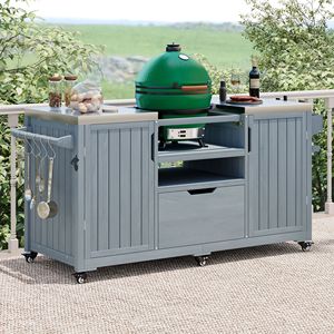Isola da Cucina per Esterni in Legno Massello da 169 cm per Griglie Big Green Egg, Carrello Grill con Piano in Acciaio Inossidabile - Product Image 4