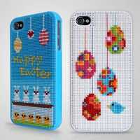 Étui de téléphone fait main en point de croix, œufs de Pâques, lapins, toile bleue et blanche, cadeau artisanal