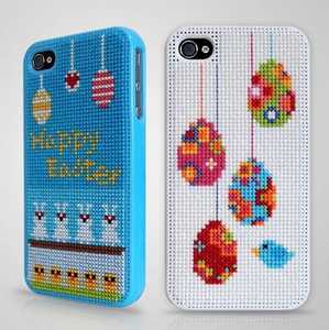Handmade Cross <b>Stitch</b> Phone Case Easter Eggs Bunnies Blue White Canvas Craft <b>Gift</b> - Product Image 1