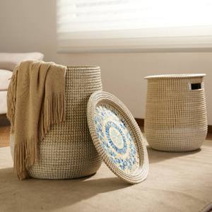Panier à linge en jonc de mer avec couvercle en nacre, paniers de rangement décoratifs tissés à la main pour salon, chambre et salle de bain - Product Image 4