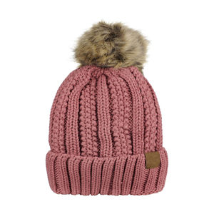 Bonnet tricoté rose avec pompon en fourrure pour femme, chapeau d'hiver décontracté, couleur unie, fait main, chaud - Product Image 2