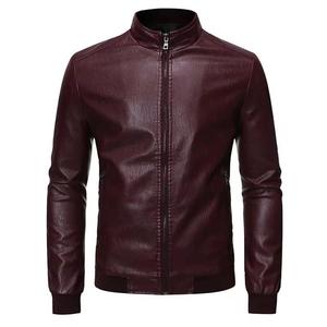 Men's <b>Burgundy</b> PU <b>Leather</b> Moto <b>Jacket</b> Stand Collar Zipper Closure Slim Fit Autumn Wear Regular Sleeve Solid Color - Product Image 1