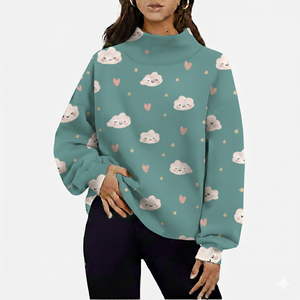 Sudadera Oversize de Algodón para Mujer con Bordado, Cuello Mock, Hombros Caídos y Manga Larga, Estilo Vintage - Product Image 3