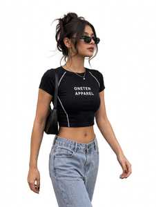 ONETEN APPAREL Women's <b>Black</b> <b>Crop</b> <b>Top</b> <b>Short</b> <b>Sleeve</b> Crew Neck Slim Fit Casual Jersey T-Shirt Spring Summer Wear - Product Image 6