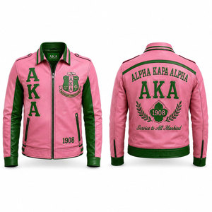 Chaqueta de Motociclista de Cuero PU Bordada Alpha Alpha para Hombre, Verde y Rosa, con Cierre de Cremallera, Cuello Alto y Resistente al Viento - Product Image 4