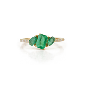 Anillo Apilable de Tres Piedras con Esmeralda y Diamantes, Diseño para Mujer, Tendencia en Ventas, Uso Diario, Oro Amarillo Puro de 14K - Product Image 1