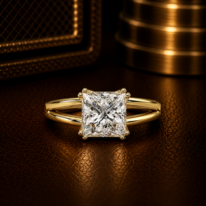 Anillo de compromiso de oro puro de 14 quilates con diamante de laboratorio talla princesa y diseño de vástago dividido para mujer, anillos nupciales de joyería fina - Product Image 1