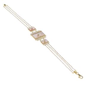 Elegante pulsera de oro de varios hilos con nácar rosa y detalles de diamantes brillantes - Product Image 1