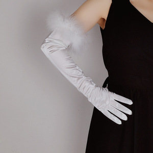 2025 Women Stylish Summer Vintage Satin <b>Black</b> <b>Feather</b> Lace Long Wedding Dress Stretch Spandex Satin Ceremonial Sunscreen Gloves - Product Image 1