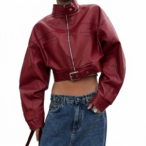 Chaqueta Corta de Cuero Genuino Negro para Mujer, Estilo Motociclista, Transpirable, Cuello Alto, Cierre de Cremallera, Cinturón, Estilo Y2K - Product Image 5