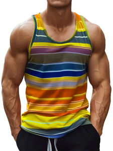 Camiseta sin mangas a rayas rojas para hombre, cuello redondo, transpirable, de punto, informal - Product Image 2