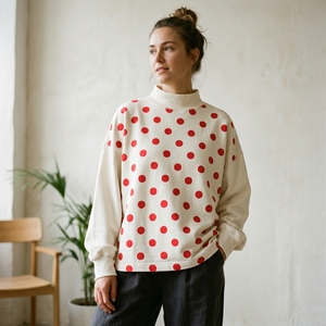 Sweat-shirt à col montant crème pour femme avec motif à pois rouges, haut décontracté à manches longues - Product Image 1