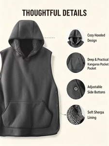 Gilet à capuche noir pour homme, doublure polaire sherpa, pull sans manches, coupe ample, boutons latéraux, avec poches, chaud pour l'hiver - Product Image 6