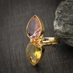Anillo de Moda de Octubre con Doble Piedra de Citrino en Forma de Pera, Chapado en Oro de 18K, Ajustable, para Mujer, con Gema, Joyería de Boda - Product Image 3