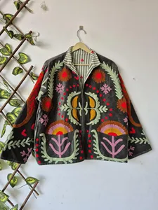 Ethnic Dark Gray <b>Velvet</b> Suzani Embroidered <b>Jacket</b> with Floral Pattern Full Sleeve Stand Collar <b>Women's</b> Soft Autumn Coat - Product Image 1