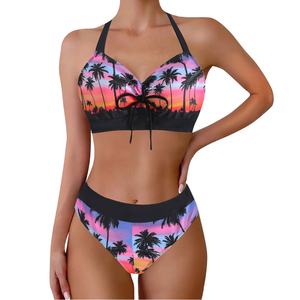 Women's Tree Print <b>Bikini</b> <b>Set</b> High Waist Two Piece Swimwear Stretch <b>Top</b> with Drawstring Detail Front Logo Sand Free - Product Image 6