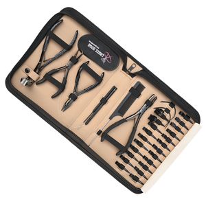 Kit d'outils pour extensions capillaires : crochet de tirage, boucle de fil, micro-perles, outil de dépose de micro-perles, pince à ouvrir/fermer, peigne à queue pour extensions adhésives, aiguille, pince à doigt - Product Image 1