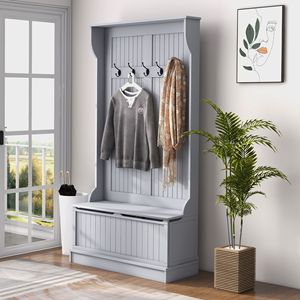 3-in-1 Freestanding Entryway Bench with Coat Rack & <b>Shoe</b> Storage Hall Tree with 5 <b>Hooks</b> Home Furniture Made of MDF - Product Image 2