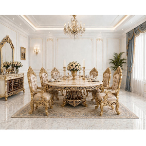 Juego de Comedor de Madera de Teca Sólida de Diseño Italiano de Lujo, Estilo Rococó Premium, 8 Plazas, Acabado en Dorado y Blanco, Muebles Redondos para Comedor - Product Image 1