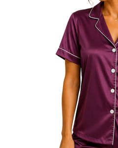 Conjunto de Pijama de Satén Morado Ciruela Personalizado por el Fabricante, Ropa de Dormir de Seda para Mujer, con Bolsillo Bordado, Manga Corta, Conjunto de Ropa de Dormir Suave - Product Image 3