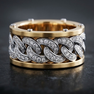 Mens Two Tone Cuban Link Inlay <b>Spinner</b> Luxury Diamond Pave Wedding Band <b>Ring</b> High End Hip Hop Style in Yellow & White Gold - Product Image 1