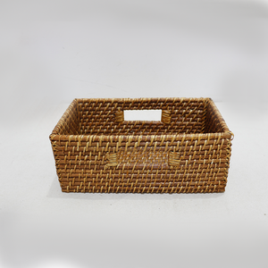 Eco Friendly Brown Rattan <b>Shelf</b> <b>Storage</b> <b>Basket</b> Set Closet Organizer Bins <b>with</b> Built in Handles - Product Image 5
